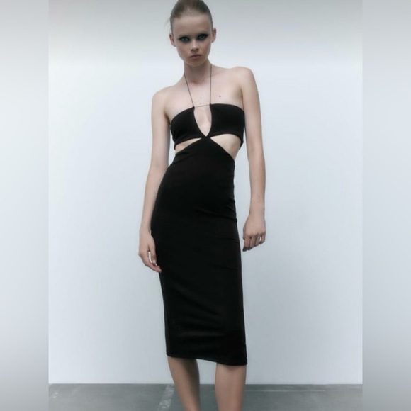 Zara Cutout Dress | Black Strapless | Sz Medium | Midi - Picture 1 of 8